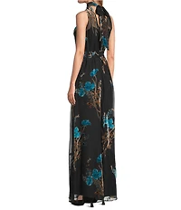 Julia Jordan Burnout Velvet Floral Motif Mock Neck Sleeveless A-Line Maxi Dress