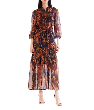 Julia Jordan Chiffon Collar Neckline 3/4 Sleeve With Self Tie Sash Maxi Shirt Dress