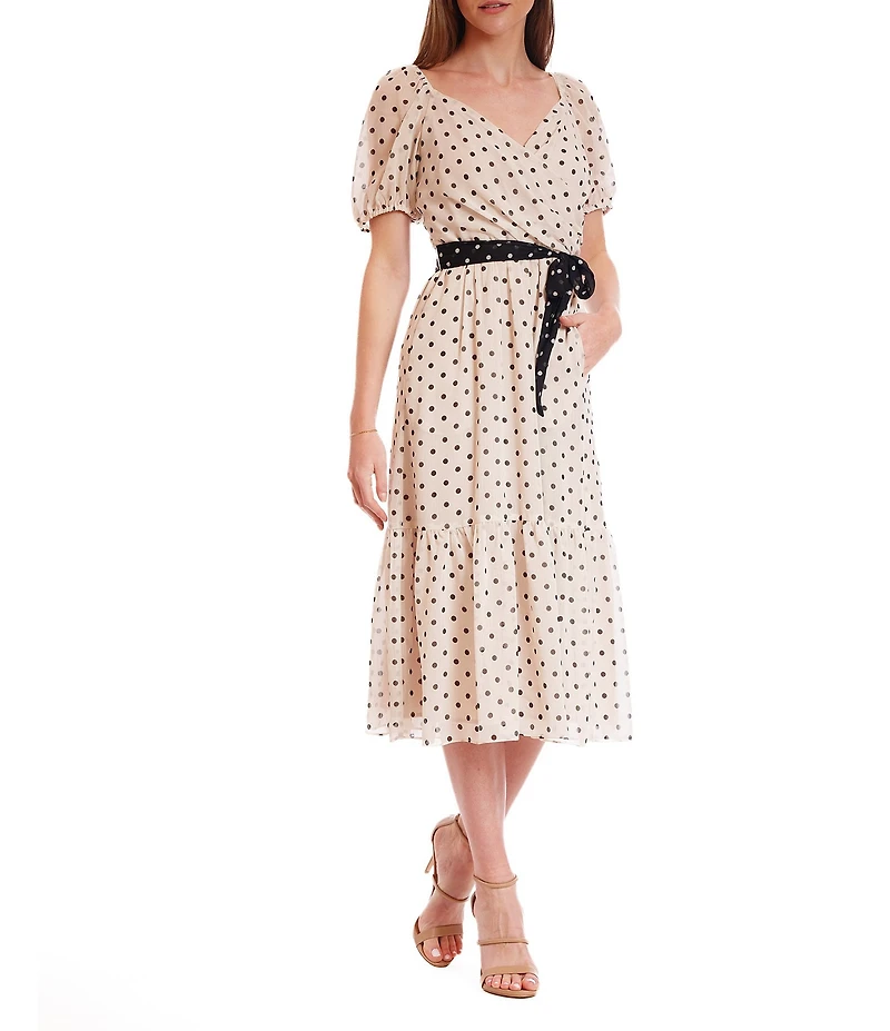 Julia Jordan Chiffon Dotted Print V-Neck Short Puff Sleeve A-Line Midi Dress