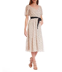 Julia Jordan Chiffon Dotted Print V-Neck Short Puff Sleeve A-Line Midi Dress