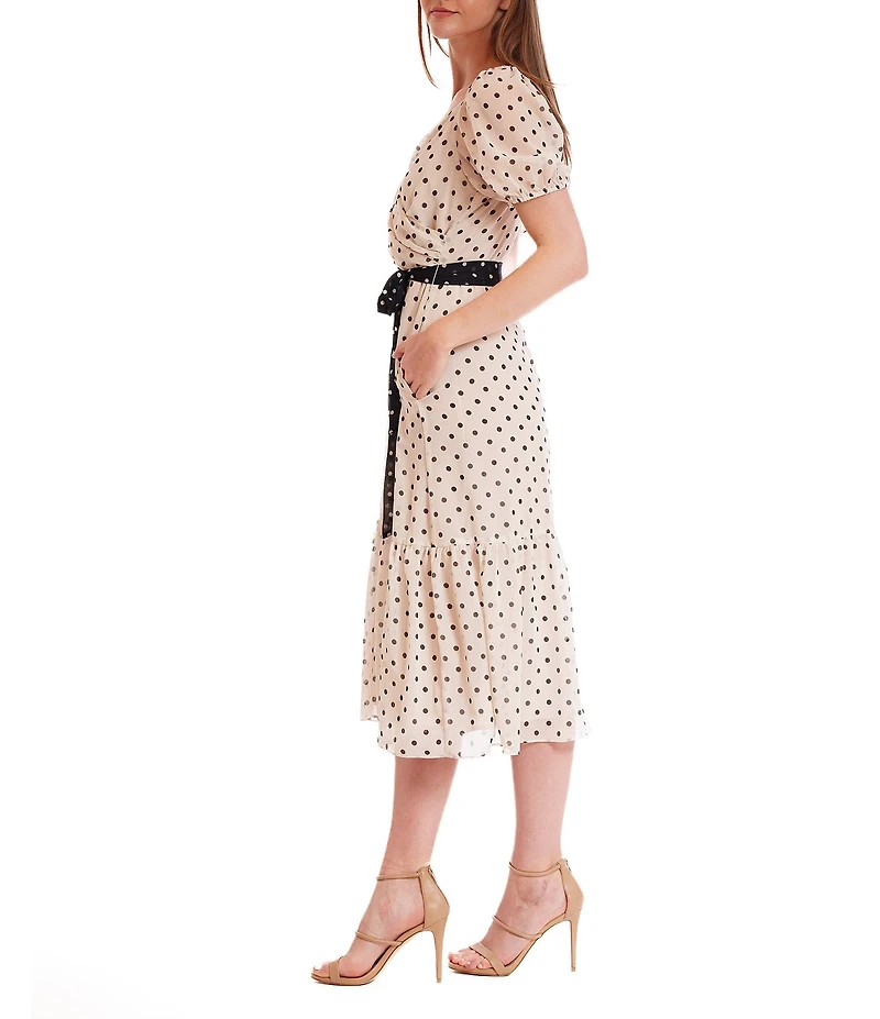 Julia Jordan Chiffon Dotted Print V-Neck Short Puff Sleeve A-Line Midi Dress