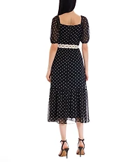 Julia Jordan Chiffon Dotted Print V-Neck Short Puff Sleeve A-Line Midi Dress