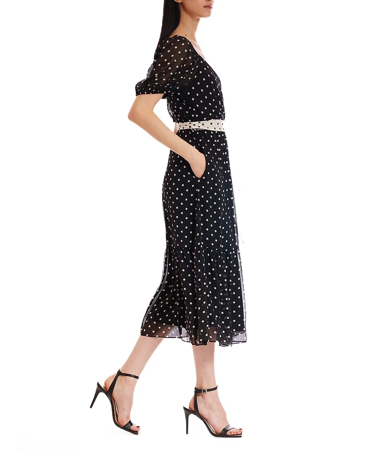 Julia Jordan Chiffon Dotted Print V-Neck Short Puff Sleeve A-Line Midi Dress