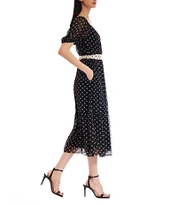 Julia Jordan Chiffon Dotted Print V-Neck Short Puff Sleeve A-Line Midi Dress
