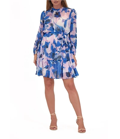 Julia Jordan Chiffon Floral Print Mock Neck Long Sleeve Waist Tie Belt Tiered A-Line Dress