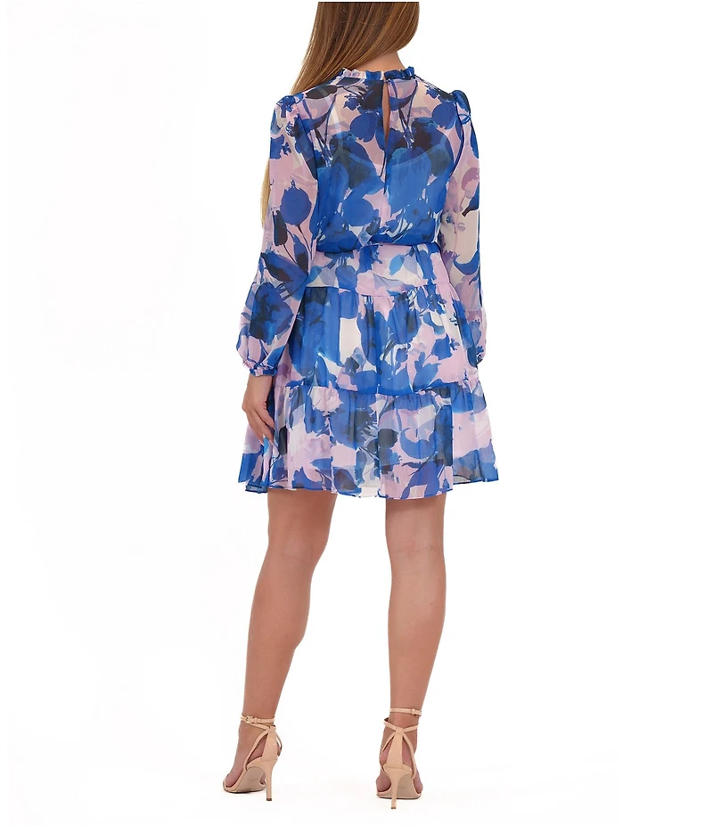 Julia Jordan Chiffon Floral Print Mock Neck Long Sleeve Waist Tie Belt Tiered A-Line Dress