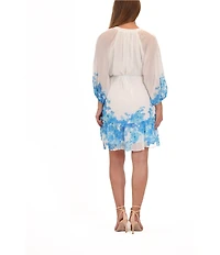 Julia Jordan Chiffon Floral Print V Neck 3/4 Sleeve Tie Waist Belt A-Line Dress