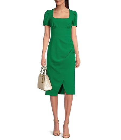 Julia Jordan Crepe Square Neck Short Sleeve Pleated Front Slit Knee Length Sheath Dress