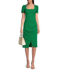 Julia Jordan Crepe Square Neck Short Sleeve Pleated Front Slit Knee Length Sheath Dress