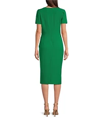 Julia Jordan Crepe Square Neck Short Sleeve Pleated Front Slit Knee Length Sheath Dress