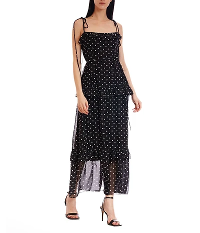 Julia Jordan Dotted Tie Shoulder Sleeveless Ruffle Trim Dress