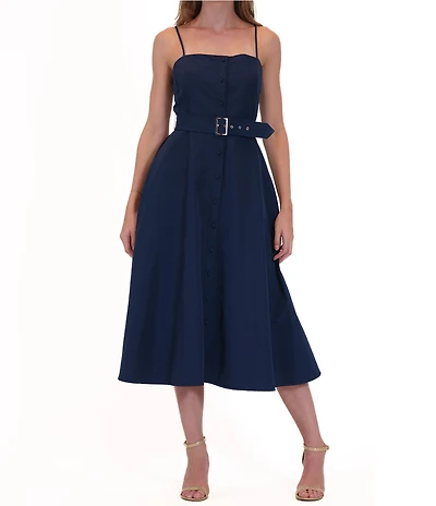 Julia Jordan Faille Square Neck Sleeveless Button Up Belted A-Line Midi Dress