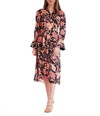 Julia Jordan Floral Print Collar Neckline Long Flutter Sleeve A-Line Midi Dress