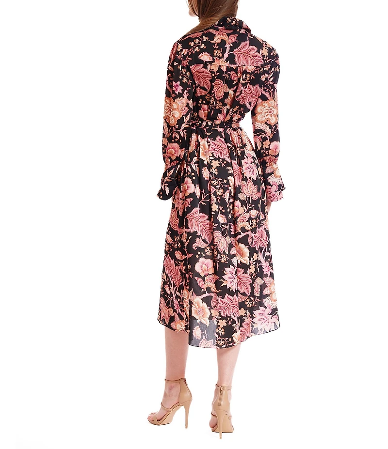 Julia Jordan Floral Print Collar Neckline Long Flutter Sleeve A-Line Midi Dress