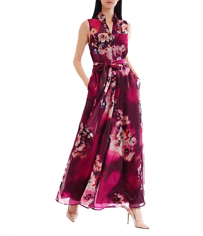 Julia Jordan Floral Print Collar Neckline Self Tie Sleeveless Wide Leg Jumpsuit