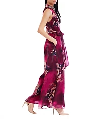 Julia Jordan Floral Print Collar Neckline Self Tie Sleeveless Wide Leg Jumpsuit