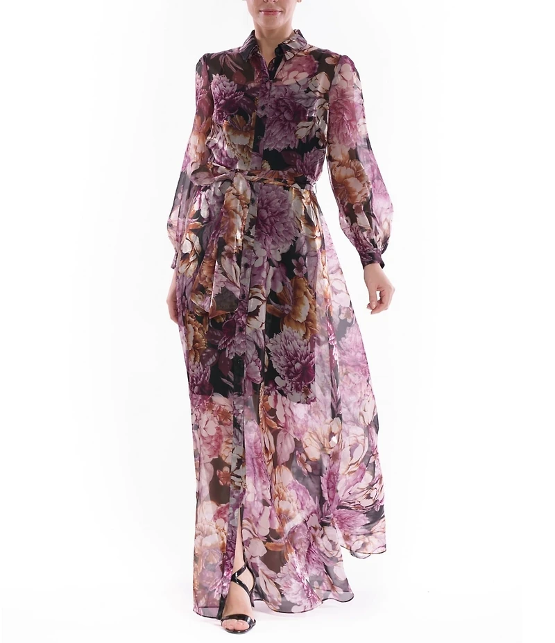 Julia Jordan Floral Print Organza Collar Neck Puff Shoulder Long Sleeve Tie Waist Maxi Dress