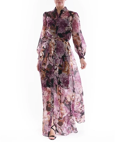 Julia Jordan Floral Print Organza Collar Neck Puff Shoulder Long Sleeve Tie Waist Maxi Dress