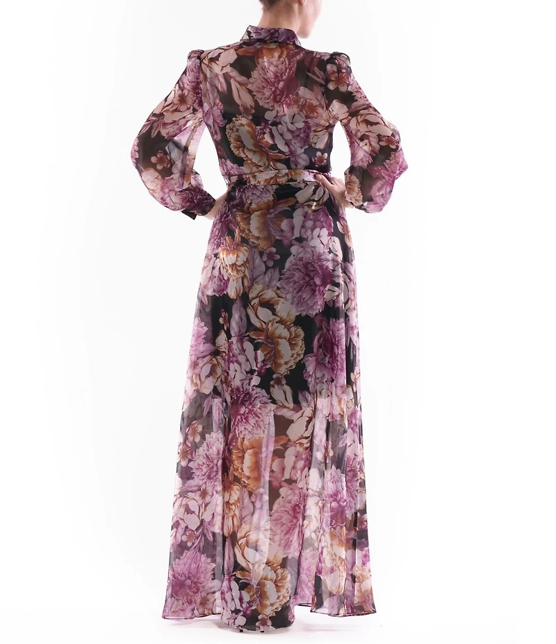 Julia Jordan Floral Print Organza Collar Neck Puff Shoulder Long Sleeve Tie Waist Maxi Dress