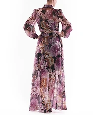 Julia Jordan Floral Print Organza Collar Neck Puff Shoulder Long Sleeve Tie Waist Maxi Dress