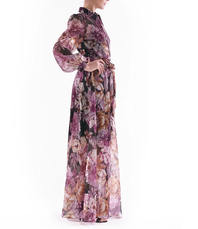 Julia Jordan Floral Print Organza Collar Neck Puff Shoulder Long Sleeve Tie Waist Maxi Dress