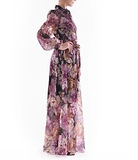 Julia Jordan Floral Print Organza Collar Neck Puff Shoulder Long Sleeve Tie Waist Maxi Dress