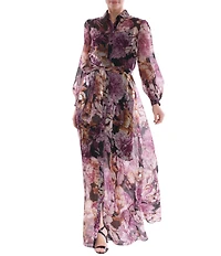 Julia Jordan Floral Print Organza Collar Neck Puff Shoulder Long Sleeve Tie Waist Maxi Dress