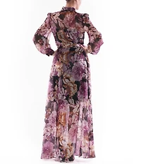 Julia Jordan Floral Print Organza Collar Neck Puff Shoulder Long Sleeve Tie Waist Maxi Dress