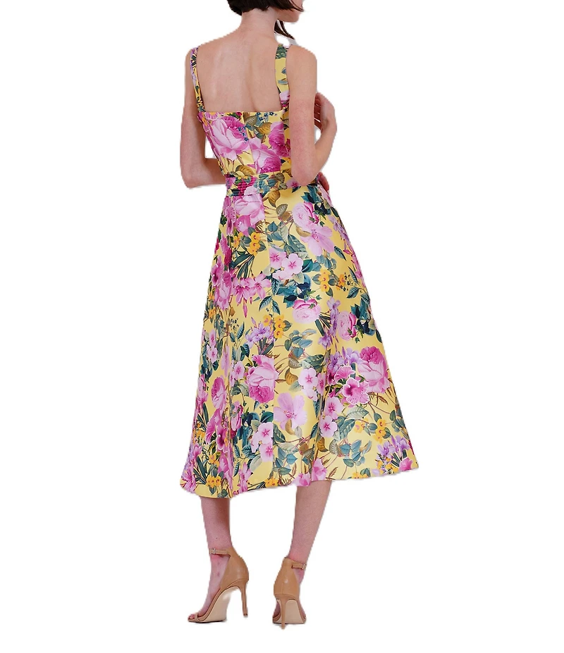 Julia Jordan Floral Print Twill Square Neck Sleeveless Belted A-Line Midi Dress