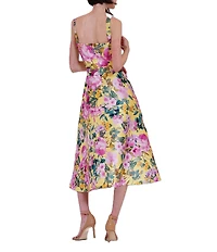 Julia Jordan Floral Print Twill Square Neck Sleeveless Belted A-Line Midi Dress