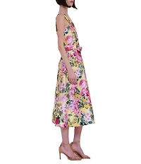 Julia Jordan Floral Print Twill Square Neck Sleeveless Belted A-Line Midi Dress