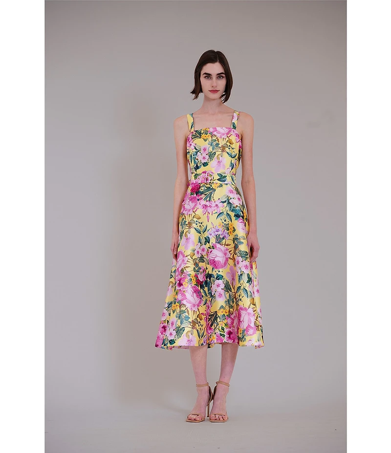 Julia Jordan Floral Print Twill Square Neck Sleeveless Belted A-Line Midi Dress