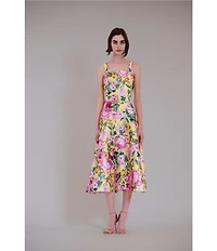Julia Jordan Floral Print Twill Square Neck Sleeveless Belted A-Line Midi Dress