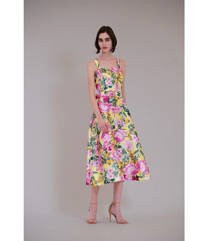 Julia Jordan Floral Print Twill Square Neck Sleeveless Belted A-Line Midi Dress