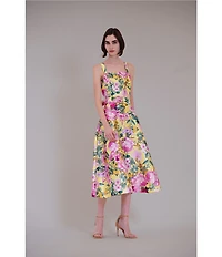 Julia Jordan Floral Print Twill Square Neck Sleeveless Belted A-Line Midi Dress