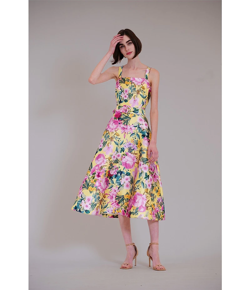 Julia Jordan Floral Print Twill Square Neck Sleeveless Belted A-Line Midi Dress