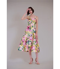 Julia Jordan Floral Print Twill Square Neck Sleeveless Belted A-Line Midi Dress
