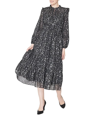 Julia Jordan Foiled Chiffon Printed Long Sleeve Ruffle Trim A-Line Midi Dress