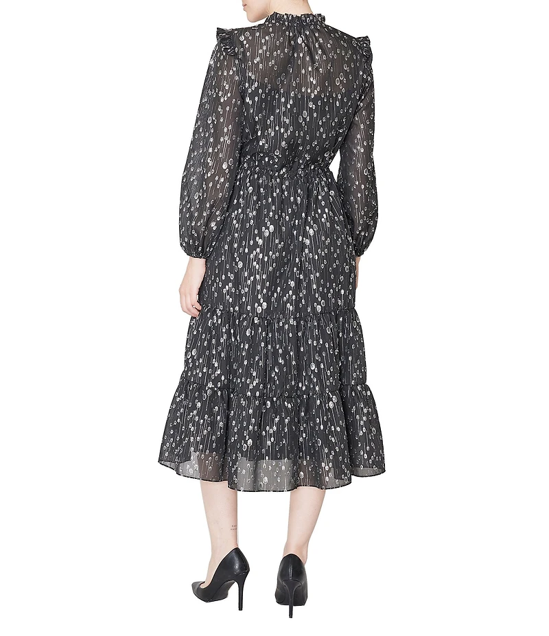 Julia Jordan Foiled Chiffon Printed Long Sleeve Ruffle Trim A-Line Midi Dress
