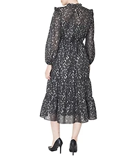 Julia Jordan Foiled Chiffon Printed Long Sleeve Ruffle Trim A-Line Midi Dress