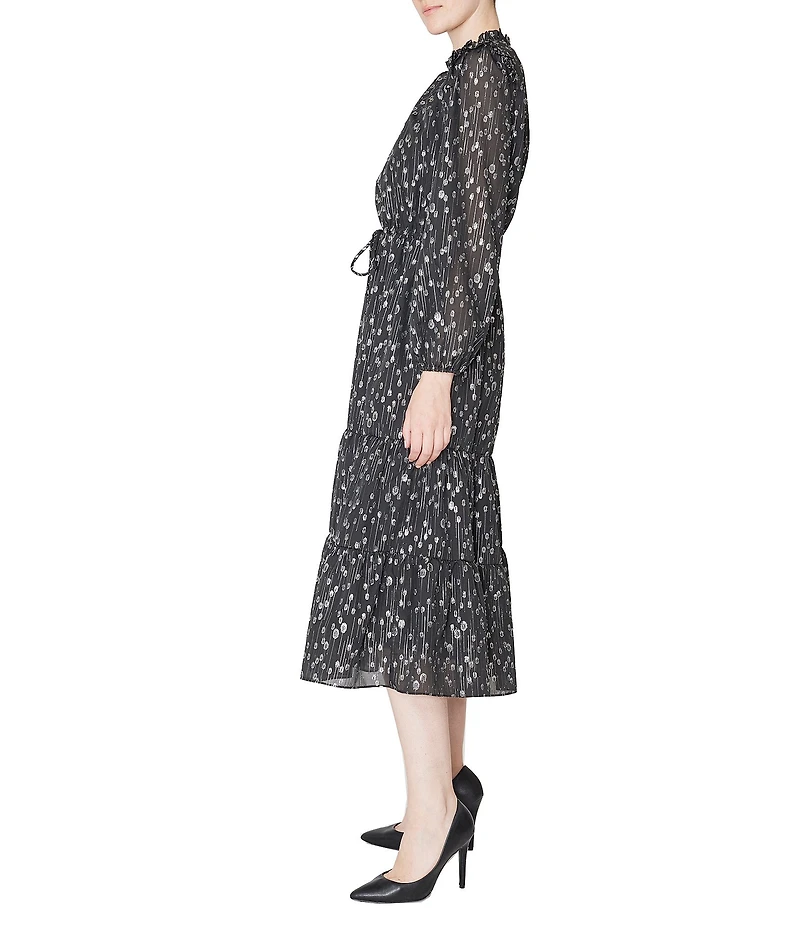 Julia Jordan Foiled Chiffon Printed Long Sleeve Ruffle Trim A-Line Midi Dress