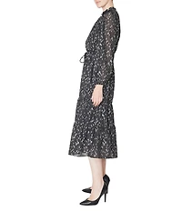 Julia Jordan Foiled Chiffon Printed Long Sleeve Ruffle Trim A-Line Midi Dress