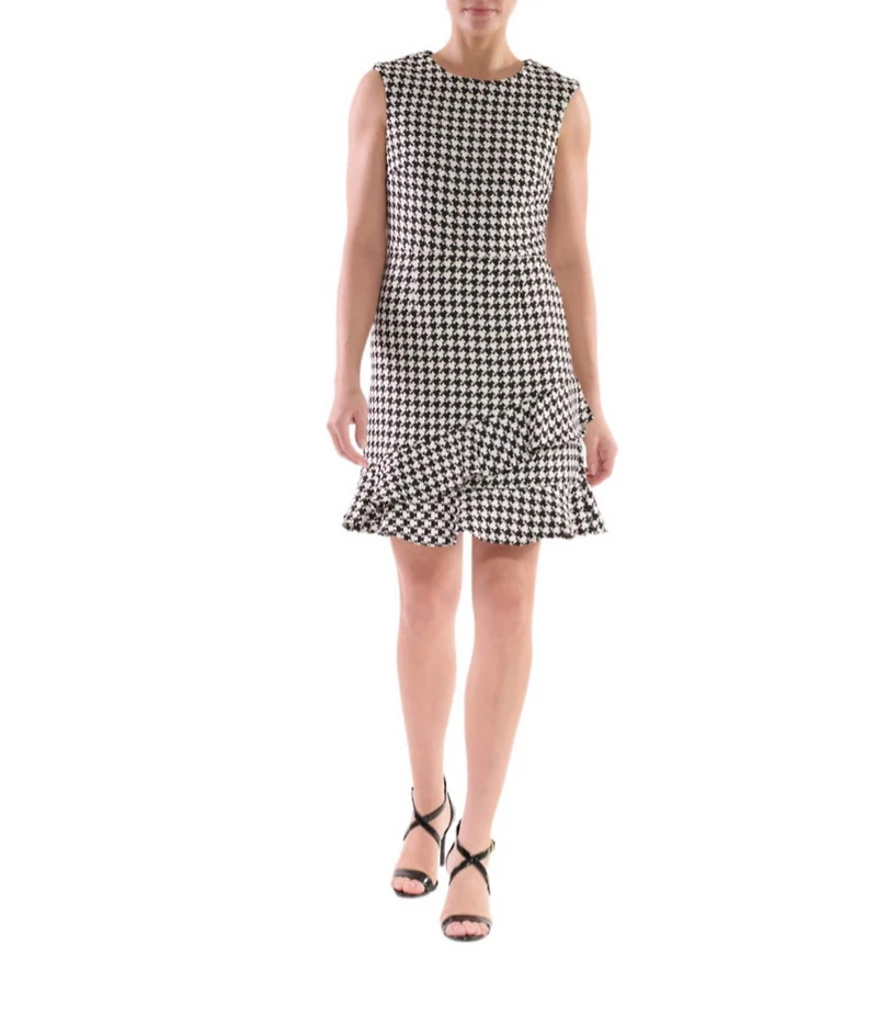 Julia Jordan Houndstooth Crew Neck Sleeveless Ruffle Hem Mini Dress