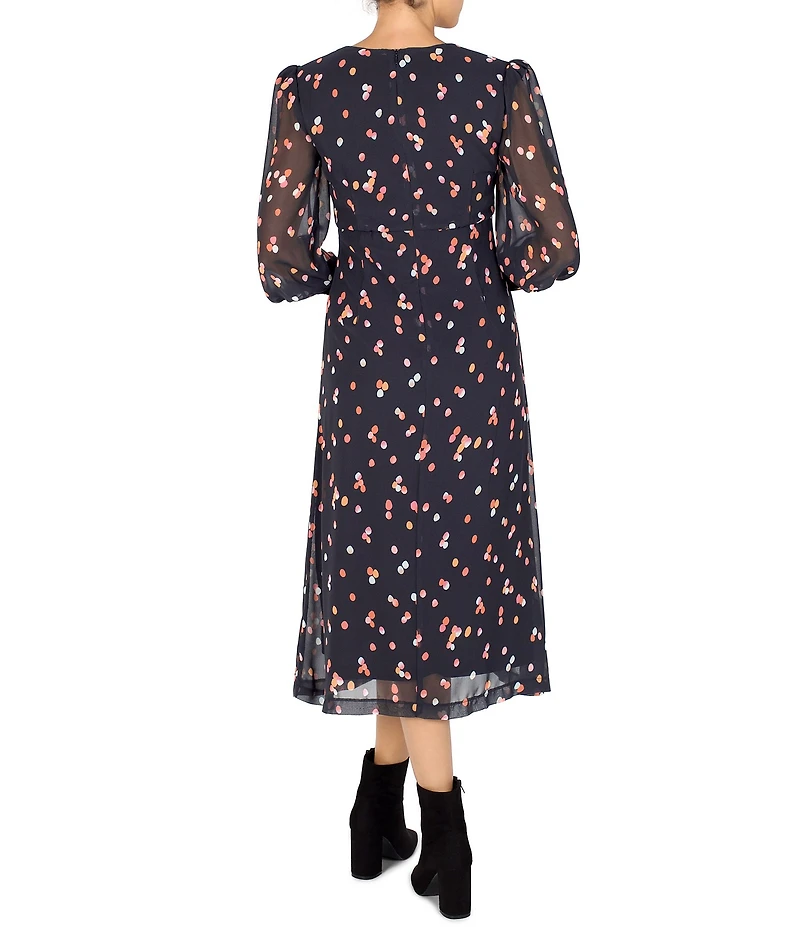 Julia Jordan Illusion Long Sleeve Dotted Chiffon Button Front Dress