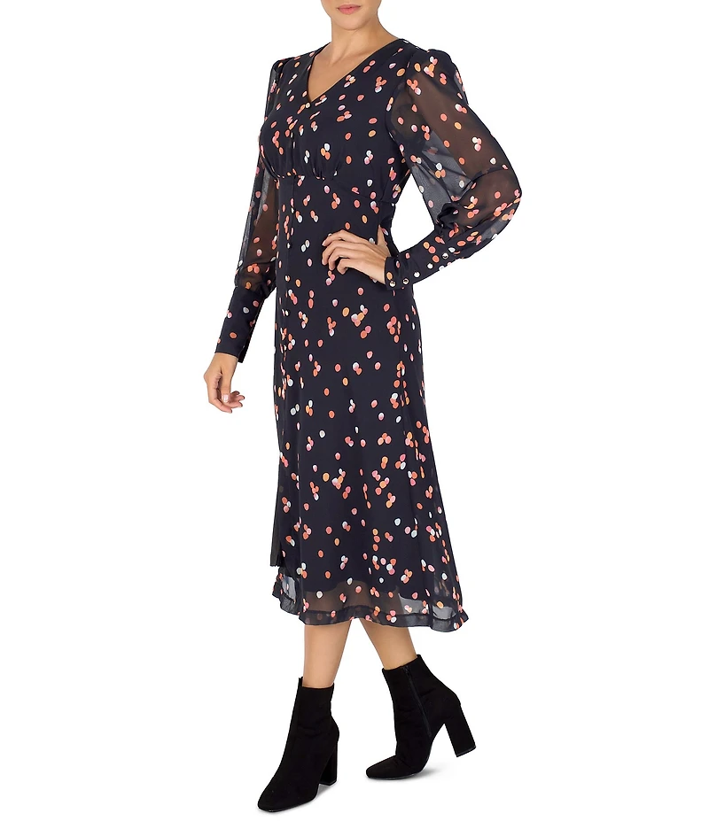 Julia Jordan Illusion Long Sleeve Dotted Chiffon Button Front Dress