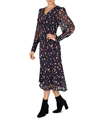 Julia Jordan Illusion Long Sleeve Dotted Chiffon Button Front Dress