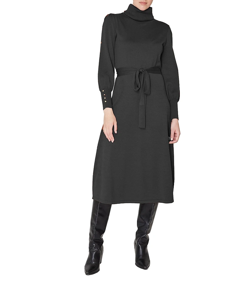 Julia Jordan Knit Long Sleeve Belted Turtleneck Sheath Midi Dress