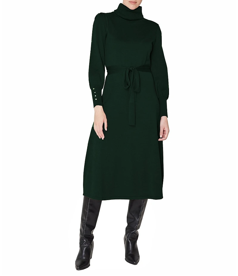 Julia Jordan Knit Long Sleeve Belted Turtleneck Sheath Midi Dress