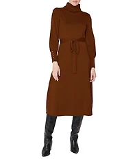 Julia Jordan Knit Long Sleeve Belted Turtleneck Sheath Midi Dress