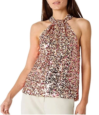 Julia Jordan Knot Halter Neck Sequin Mesh Top